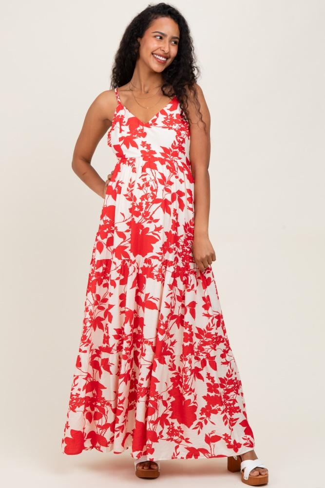 red floral cutout tie back maternity maxi dress