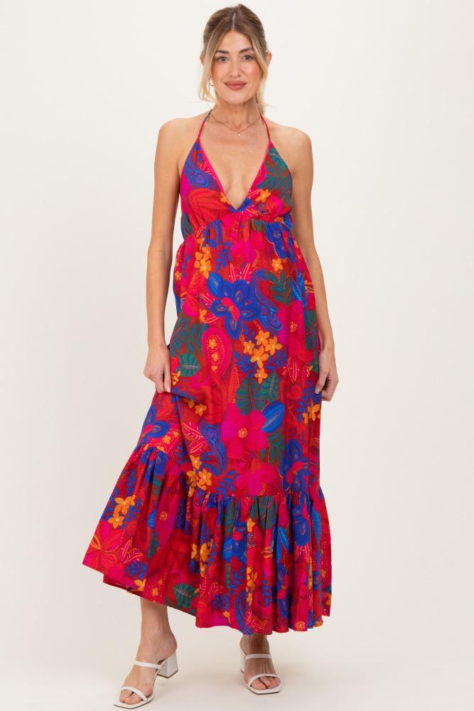 red floral halter v-neck maternity maxi dress