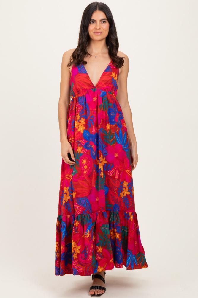 red floral halter v-neck maxi dress
