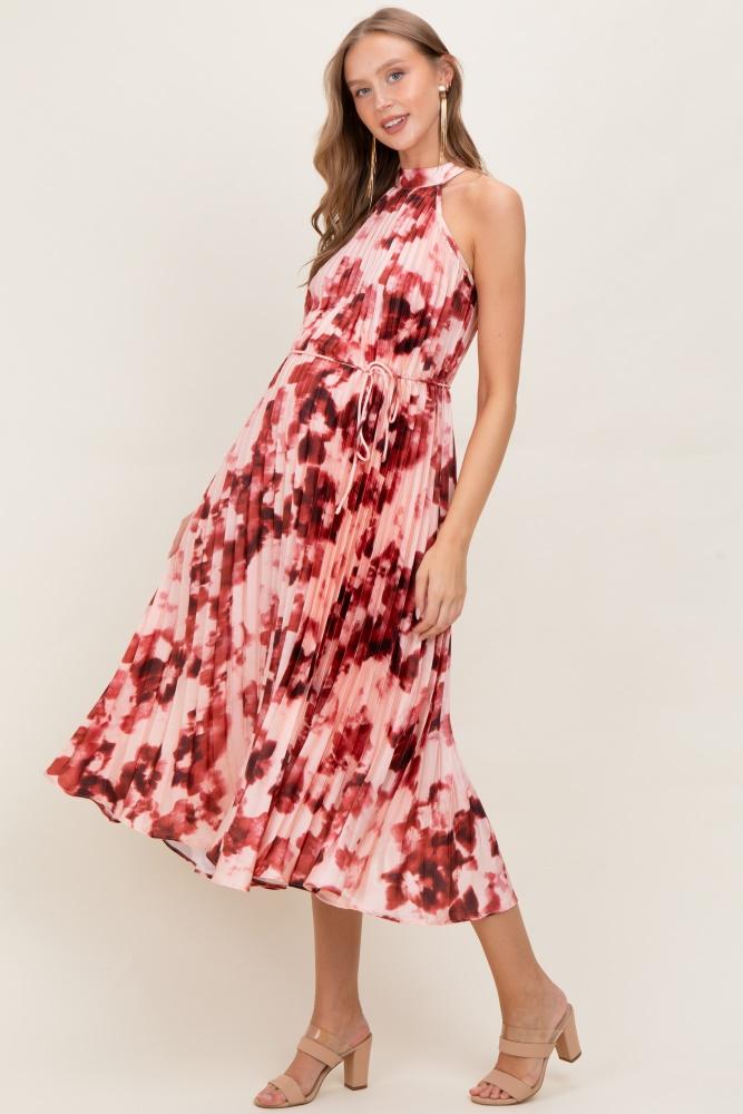 red floral pleated halter maternity midi dress