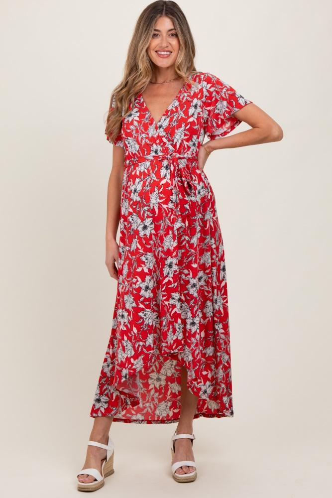 red floral sash tie maternity wrap hi-low dress