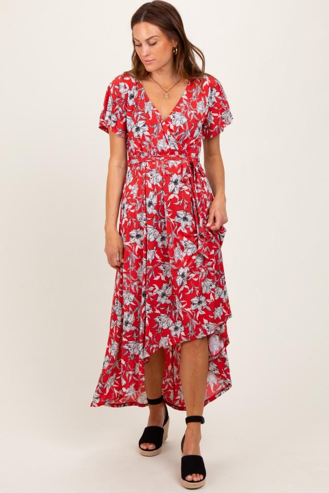 red floral sash tie wrap hi-low dress