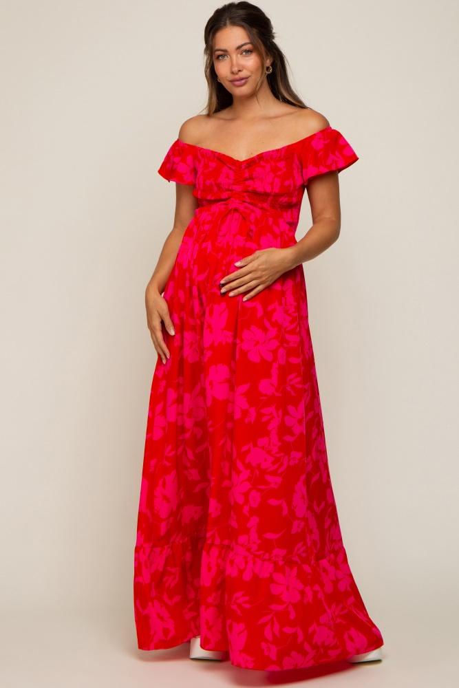 red floral smocked cinched top maternity maxi dress