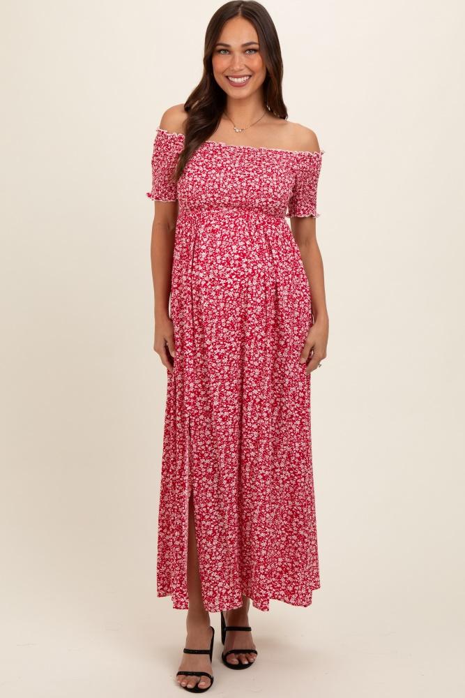 red floral smocked fitted sleeve side slit maternity maxi dress
