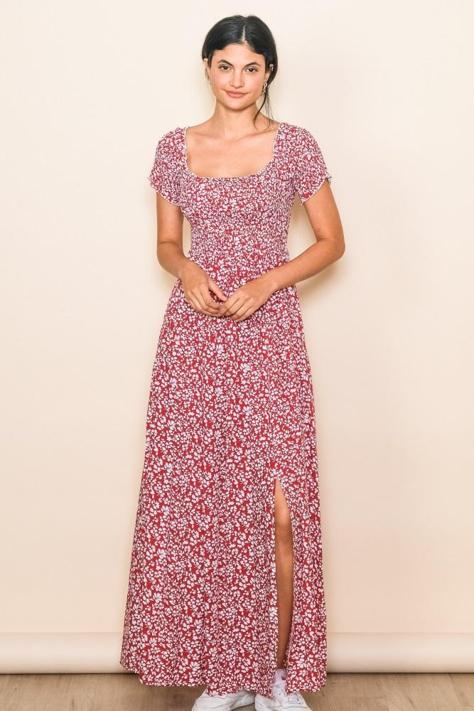 red floral smocked fitted sleeve side slit maxi dress