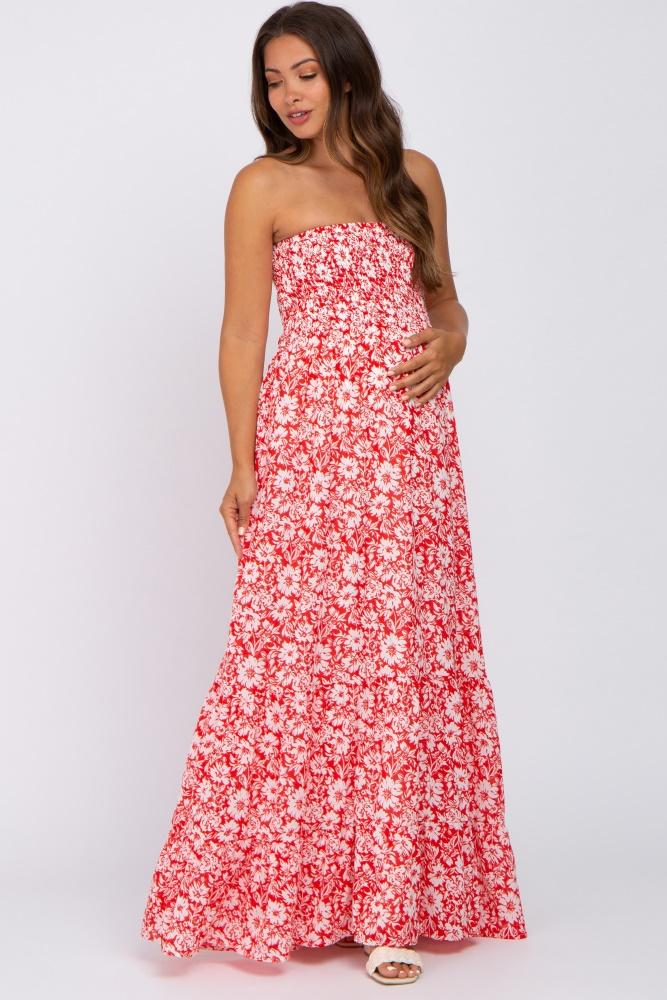 red floral strapless smocked maternity maxi dress