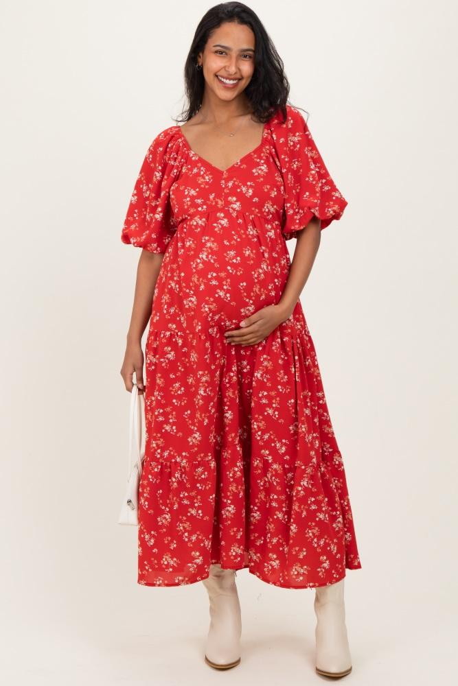 red floral tiered puff sleeve maternity midi dress