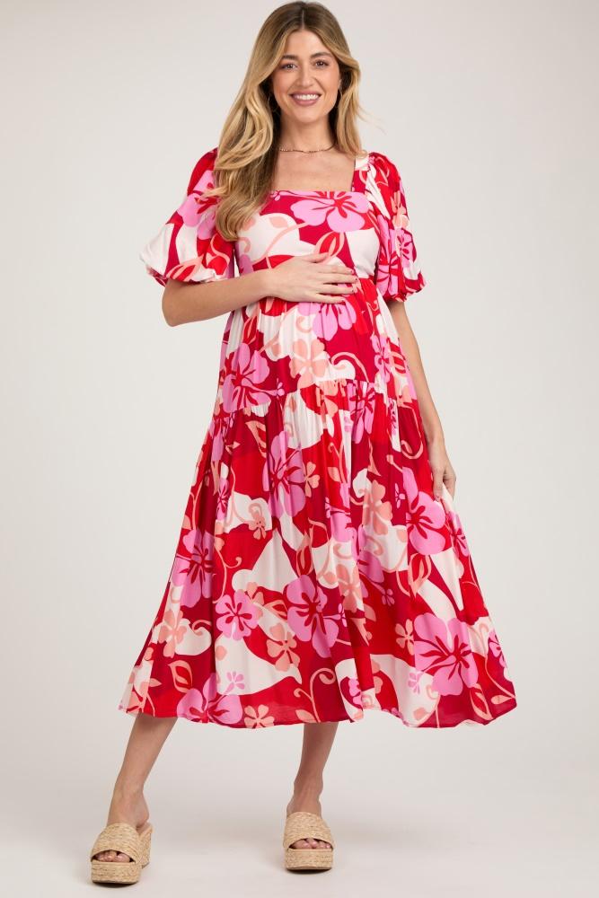 red floral tiered puff sleeve maternity midi dress