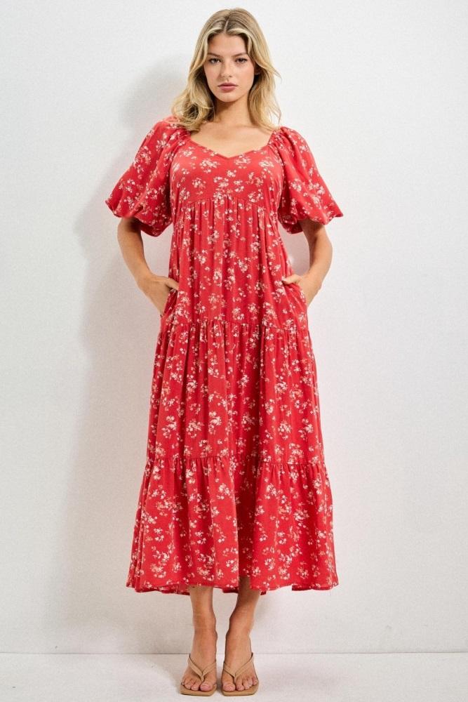 red floral tiered puff sleeve midi dress