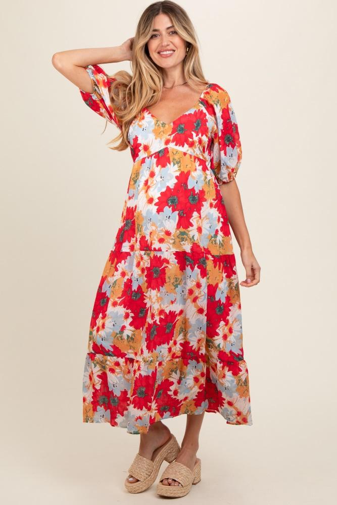 red floral v-neck short puff sleeve tiered maternity midi dress