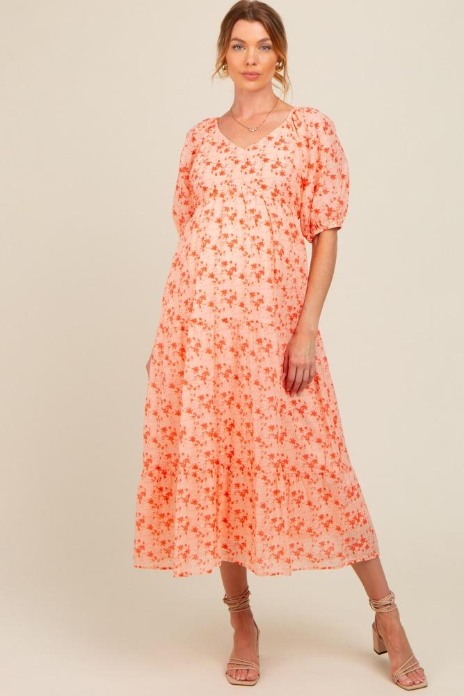 red floral v-neck tiered maternity midi dress