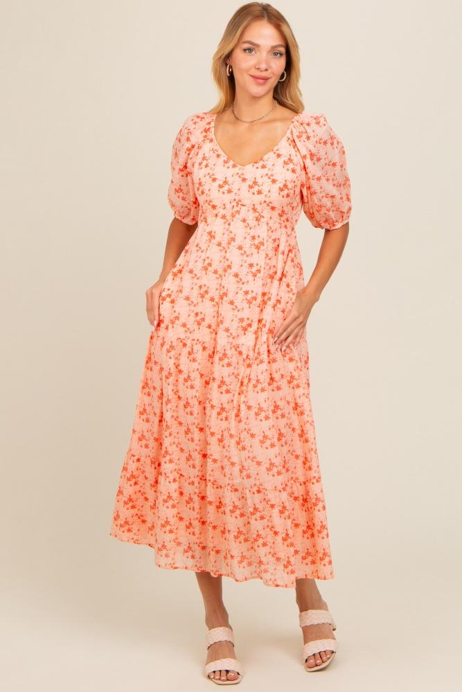 red floral v-neck tiered midi dress