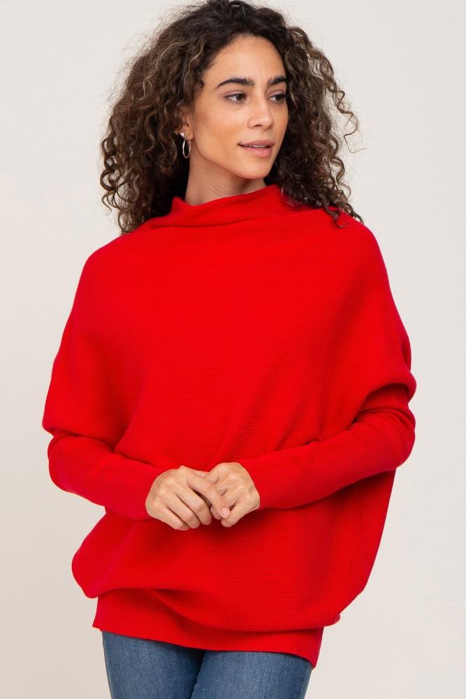red funnel neck dolman sleeve sweater