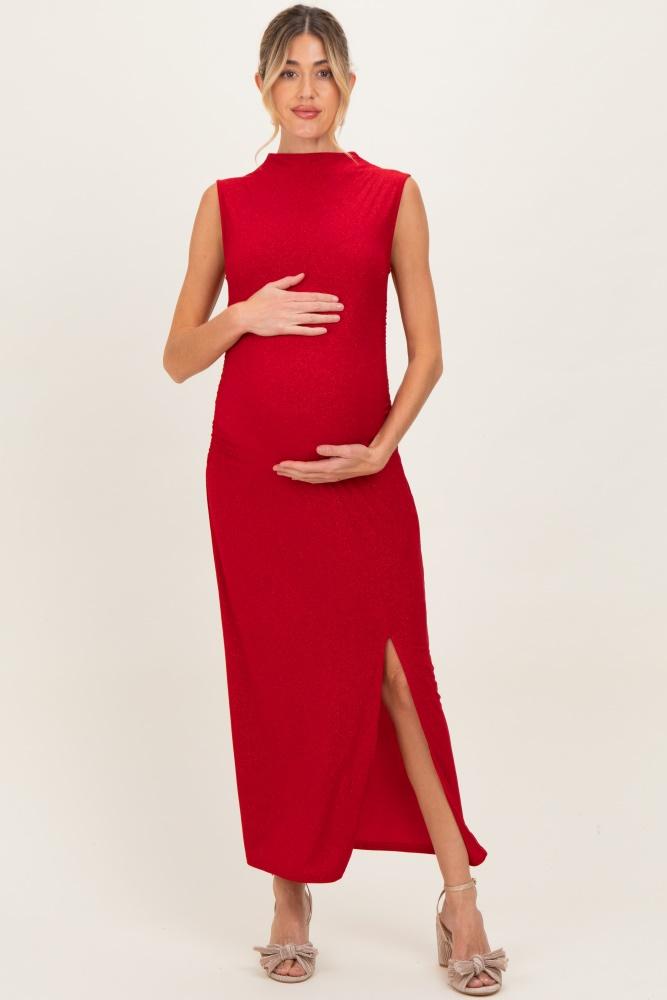 red glitter ruched side slit maternity midi dress