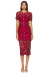 red guipure lace button midi dress