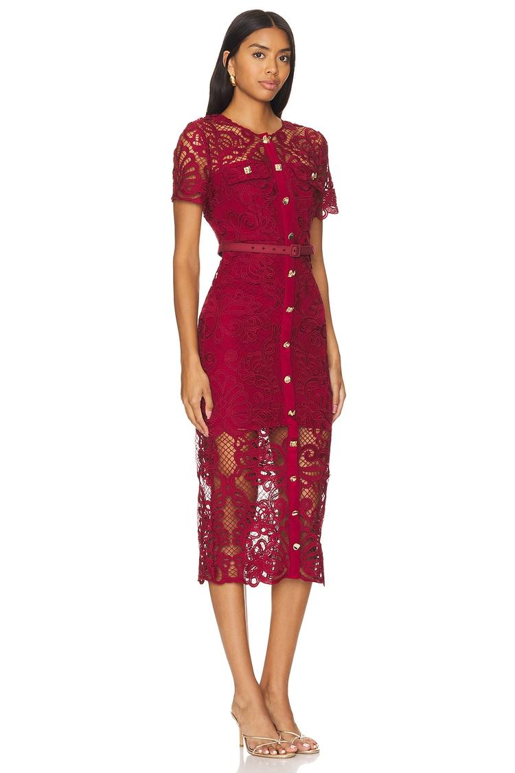 red guipure lace button midi dress