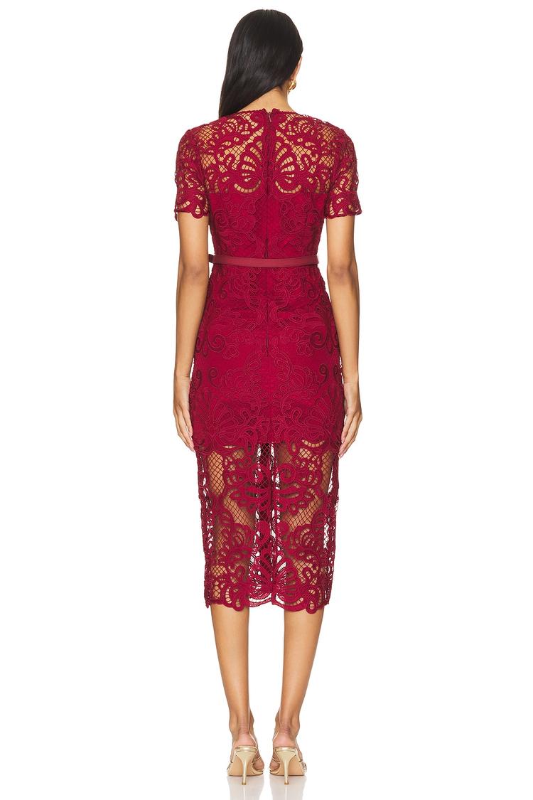 red guipure lace button midi dress