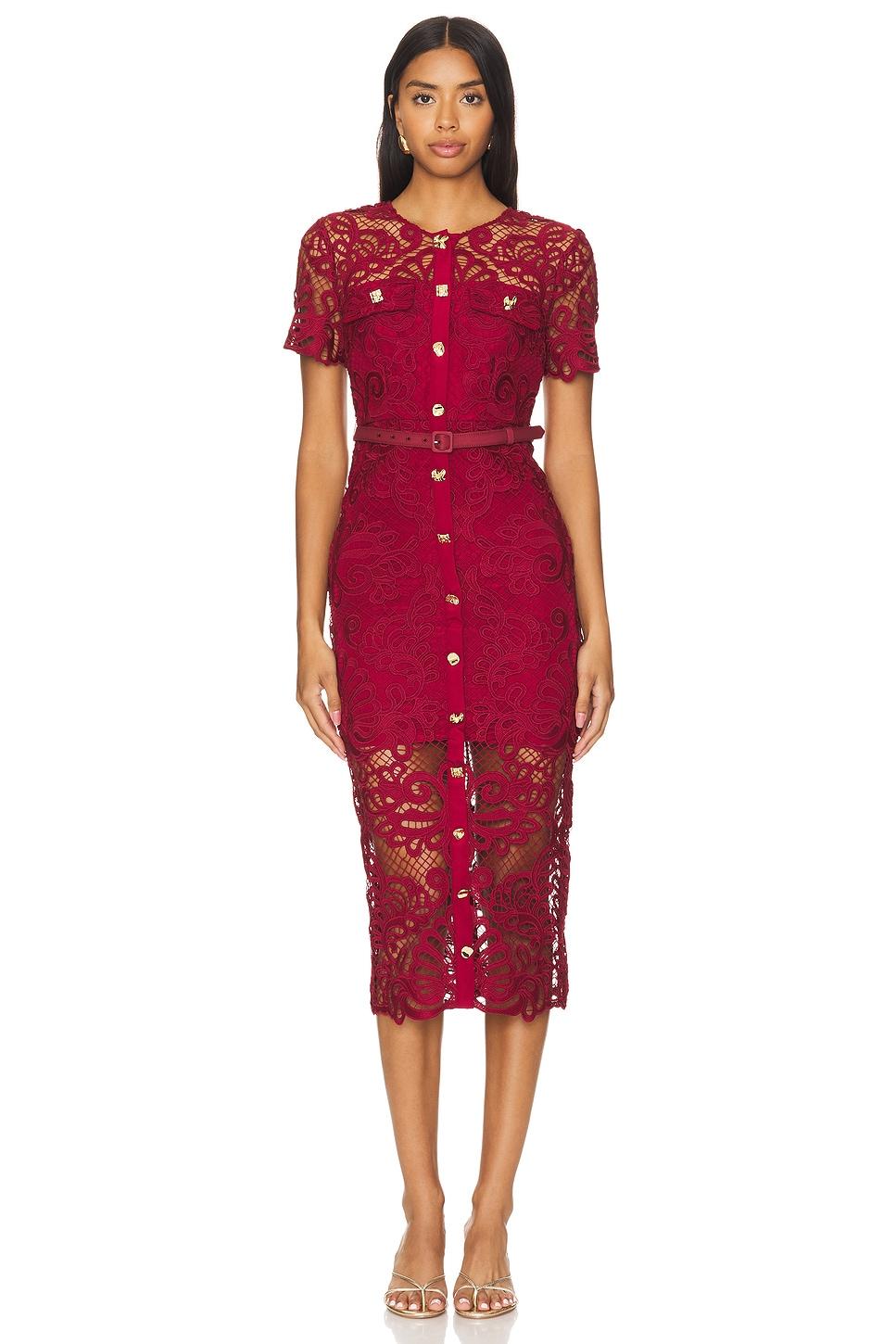 red guipure lace button midi dress