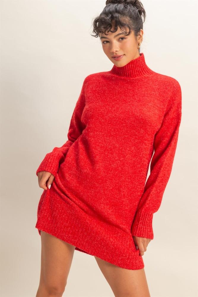 red high neck sweater mini dress