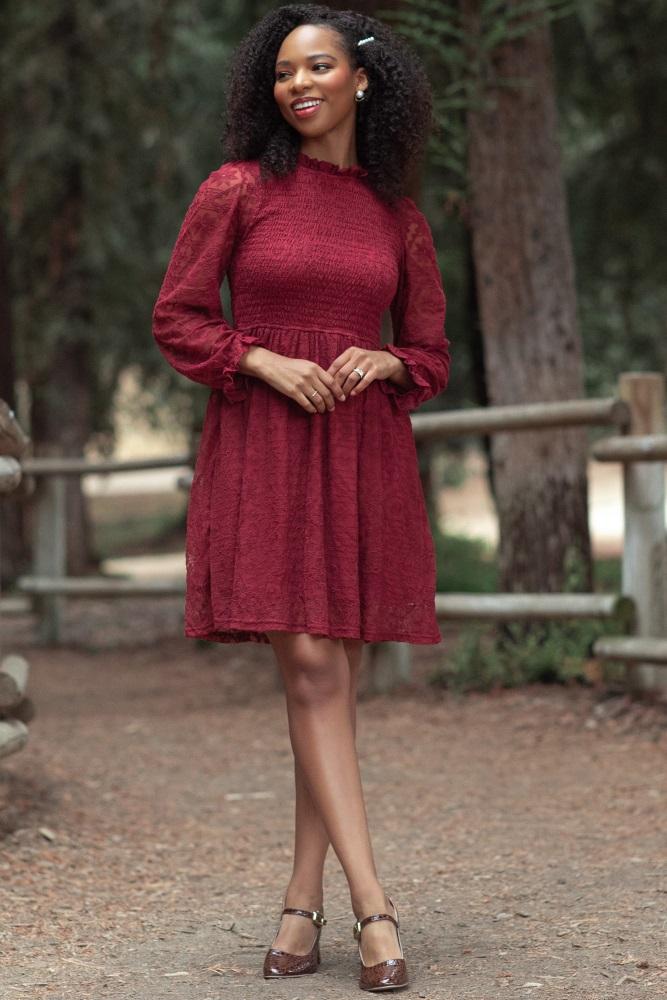 red lace smocked long sleeve dress