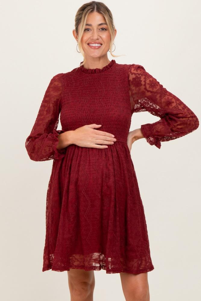 red lace smocked long sleeve maternity dress