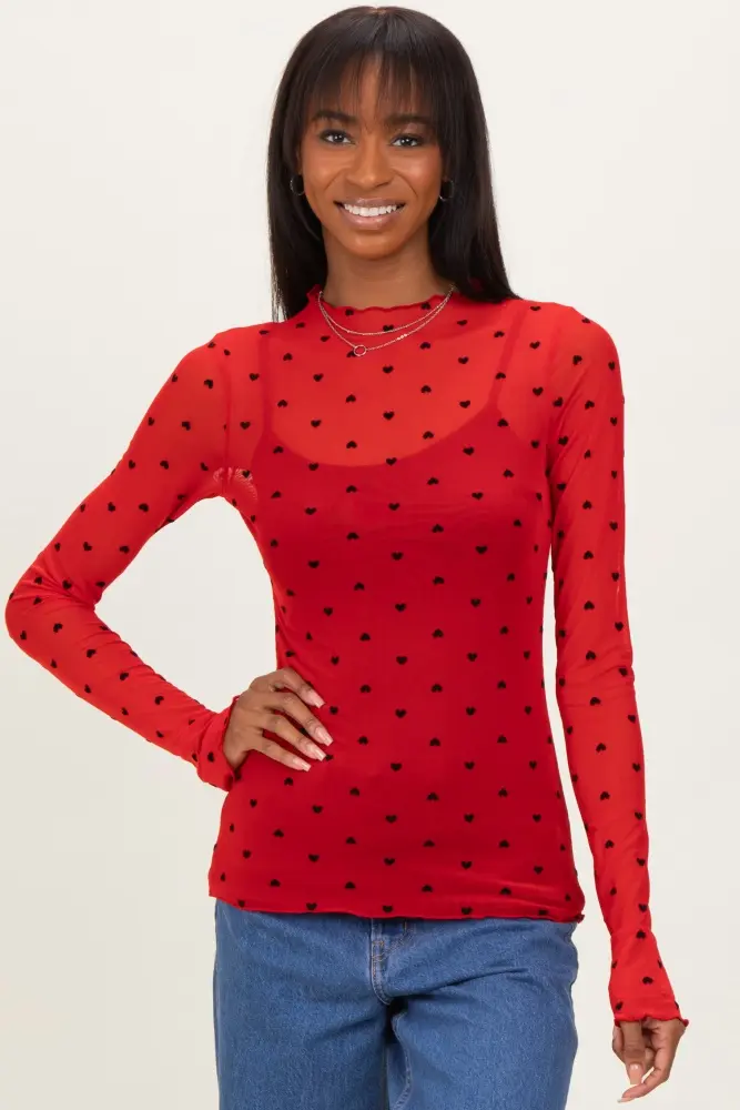 red mesh heart high neck long sleeve top