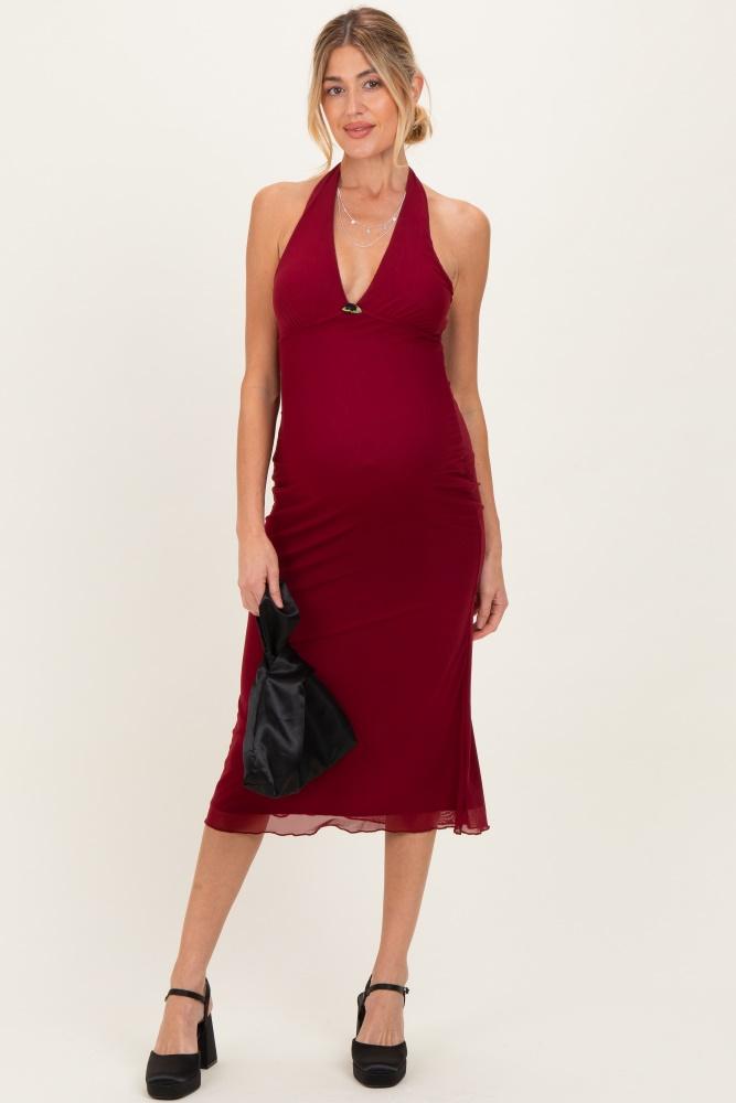 red mesh pendant halter maternity midi dress