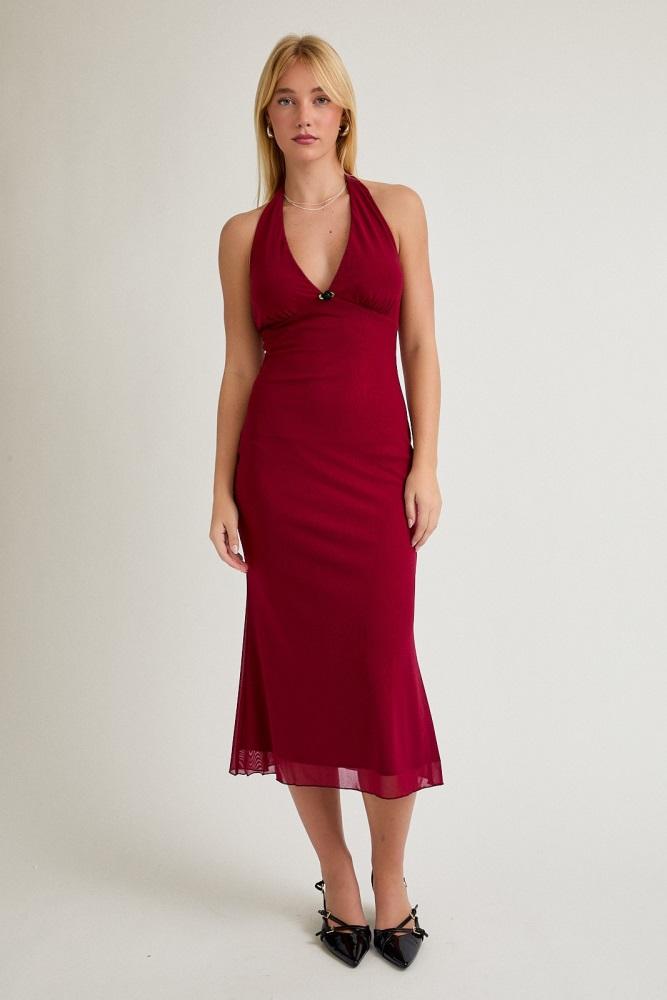 red mesh pendant halter midi dress