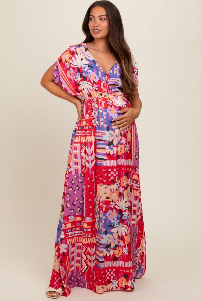 red mixed print bell sleeve maternity maxi dress