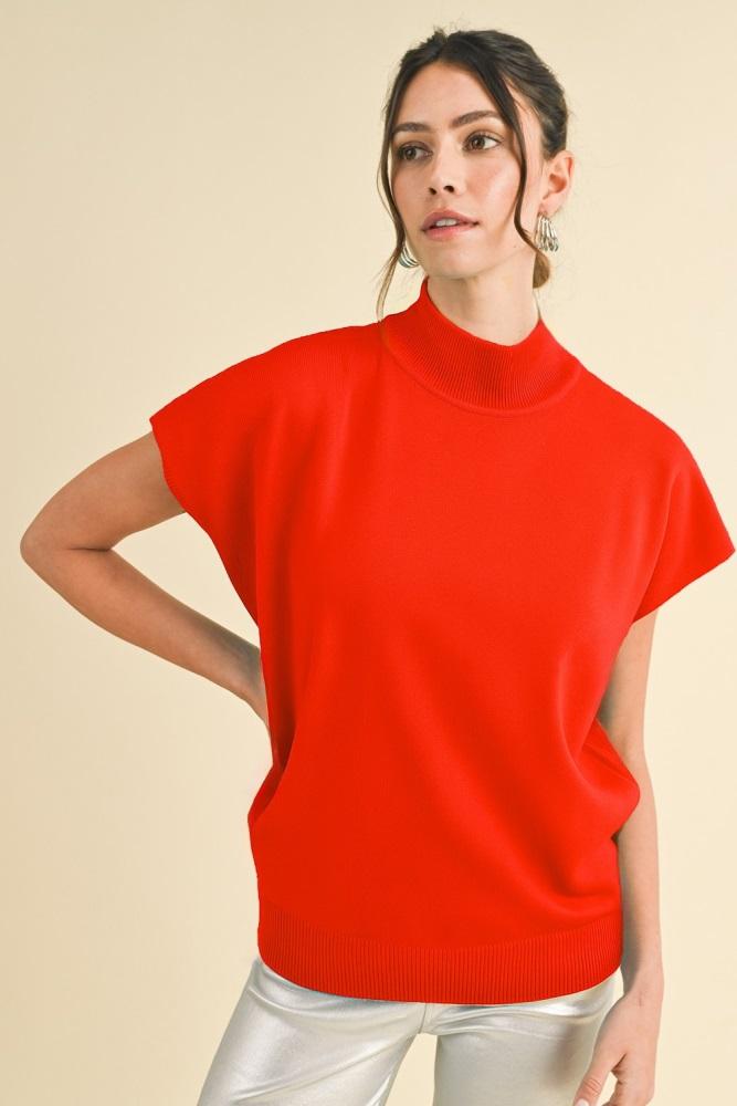 red mock neck knit top