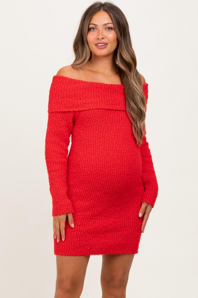 red off the shoulder knit sweater maternity mini dress