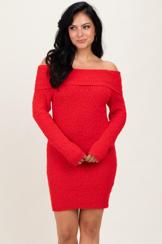 red off the shoulder knit sweater mini dress