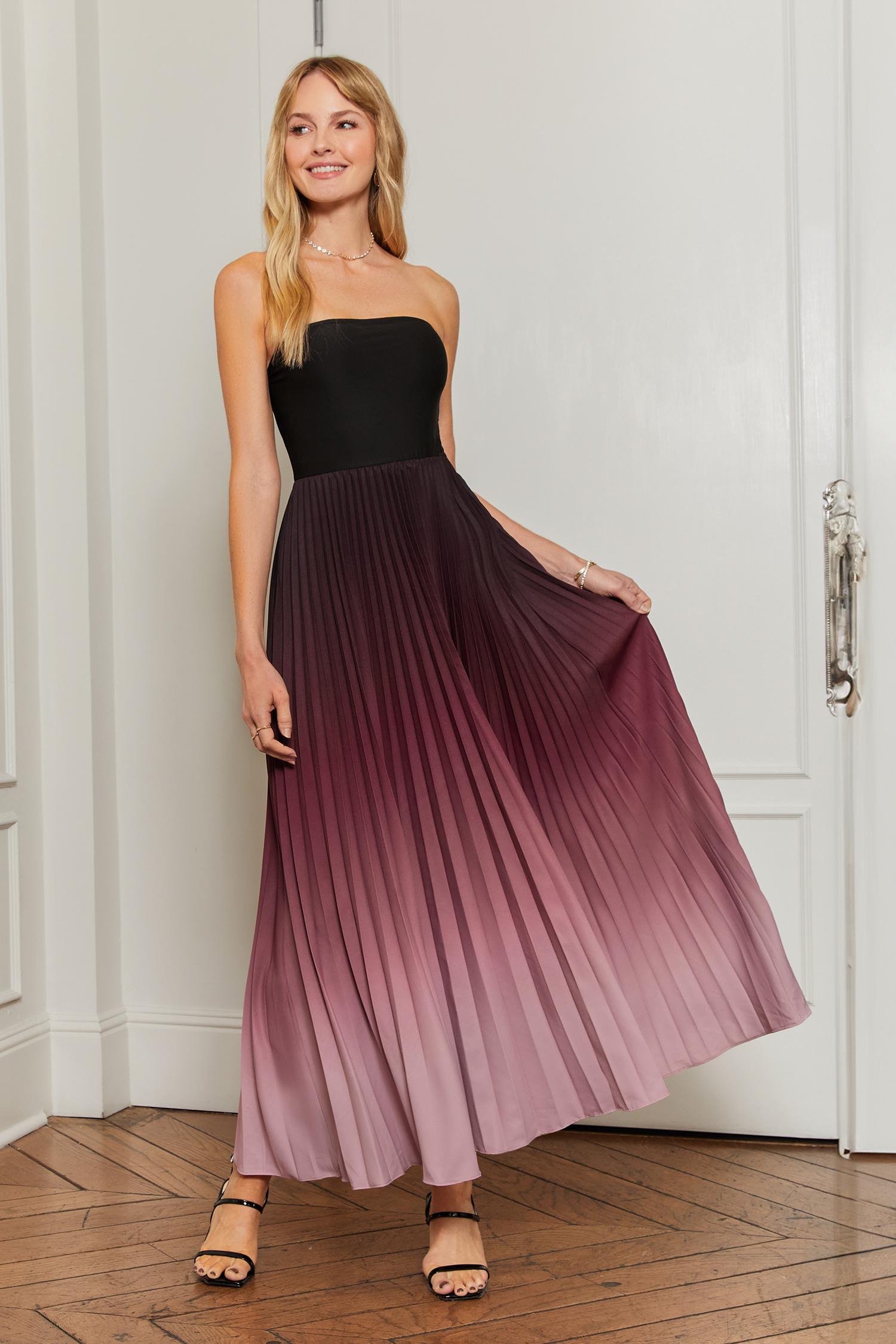 red ombre strapless pleated maxi dress - l