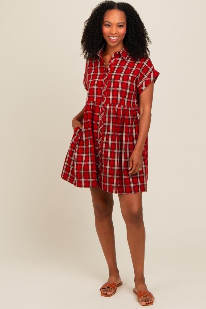 red plaid rolled cuff sleeve button down dress
