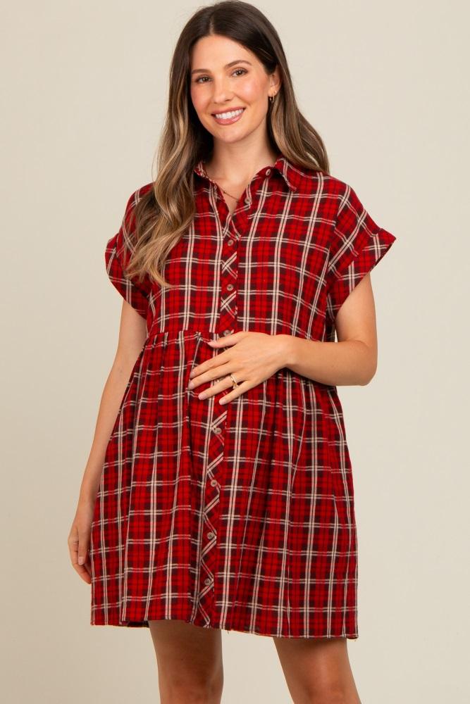 red plaid rolled cuff sleeve button down maternity dress