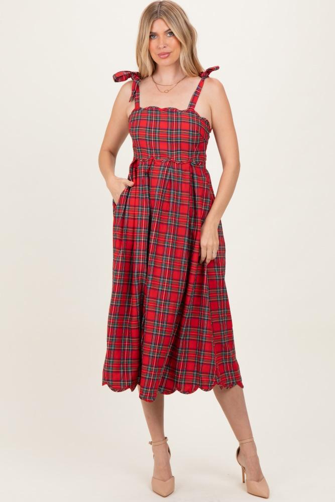 red plaid shoulder tie scallop hem midi dress