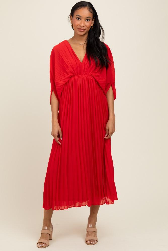 red pleated v neck maxi dress