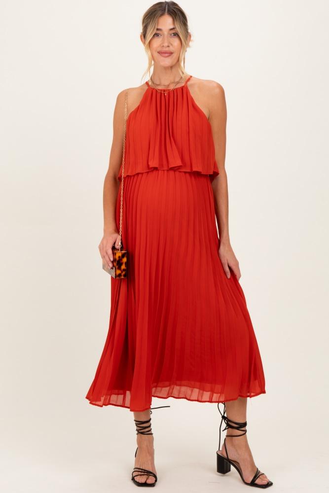 red pleated woven maternity midi dress