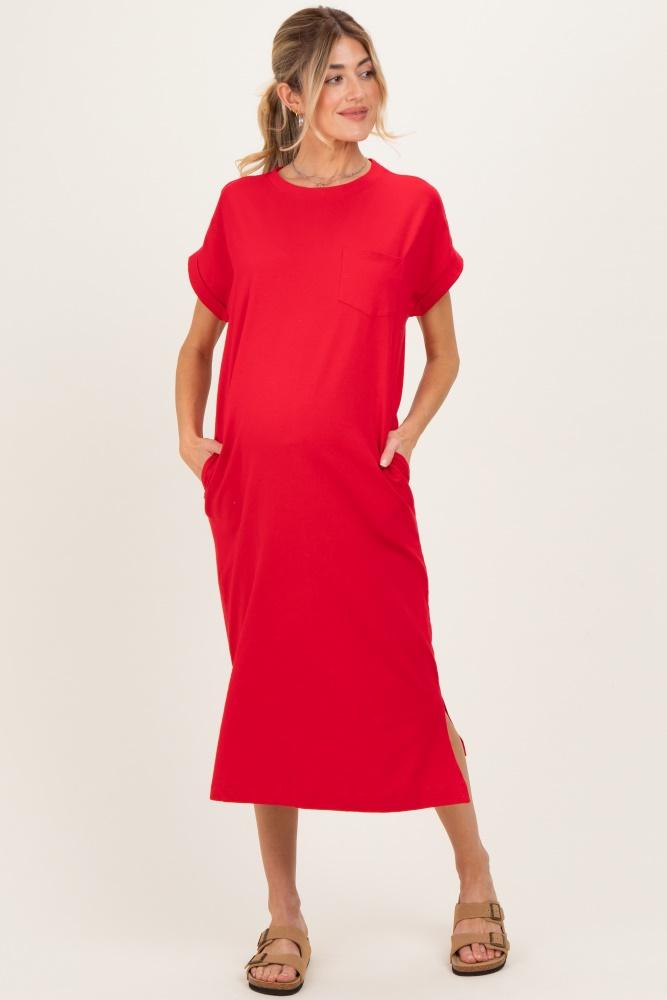 red pocket front maternity midi t-shirt dress