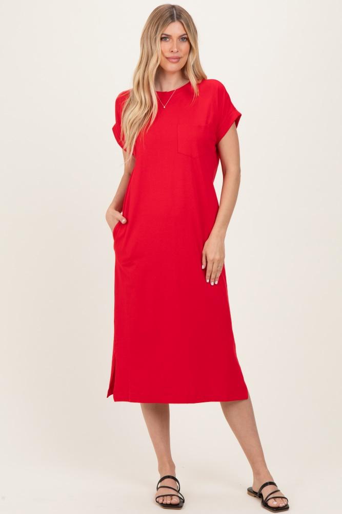 red pocket front midi t-shirt dress