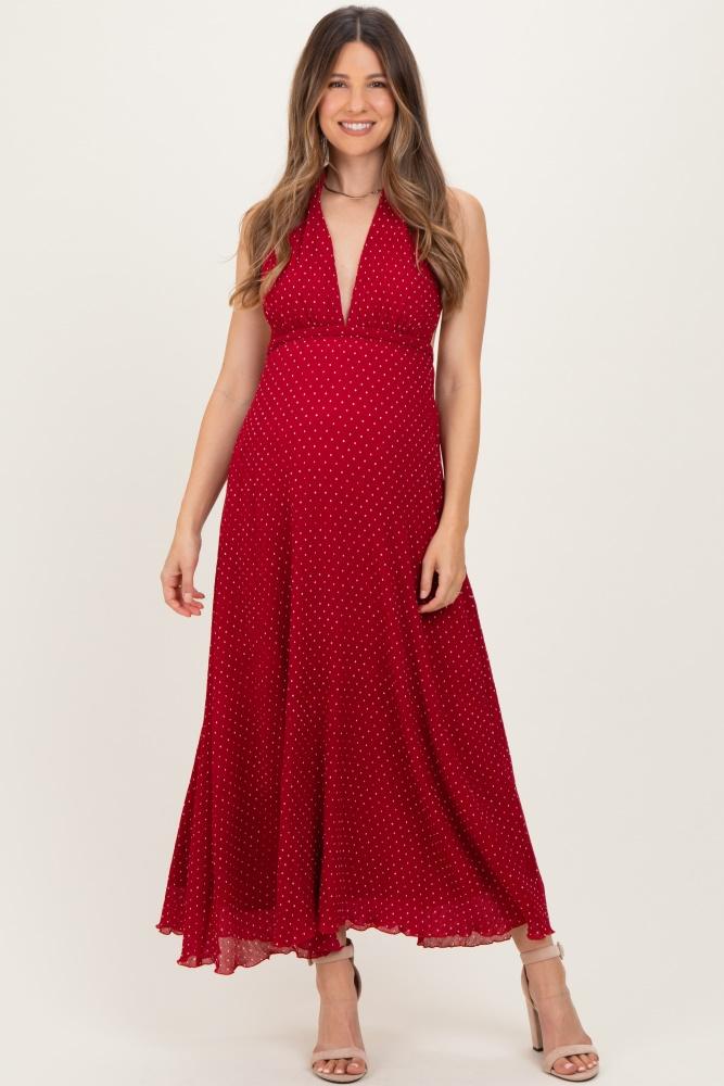 red polka dot halter tie open back maternity maxi dress