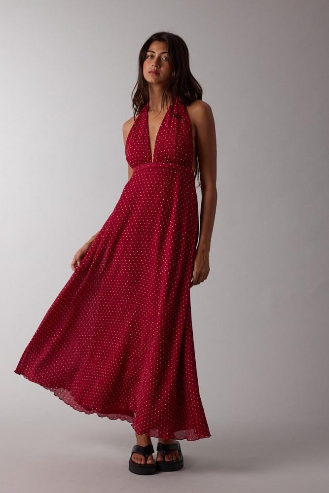 red polka dot halter tie open back maxi dress