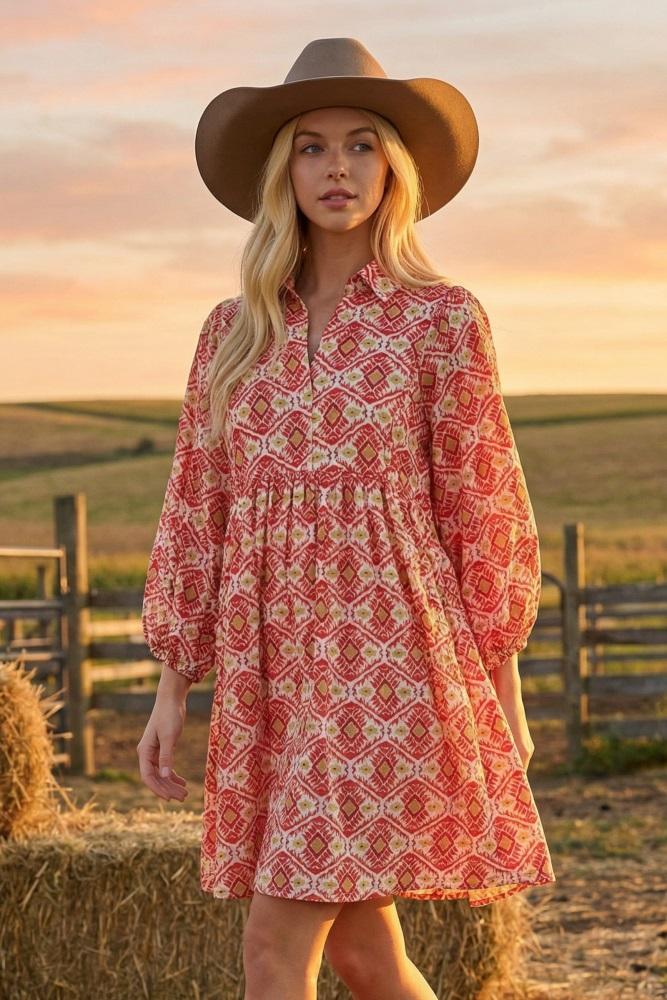 red print collared balloon sleeve dress