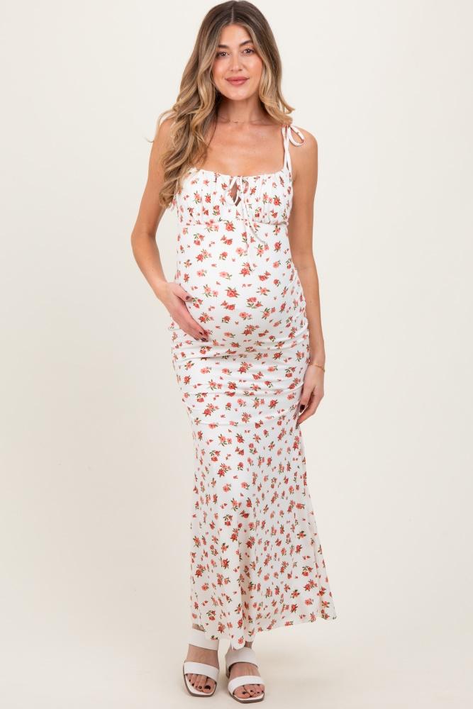 red ribbed floral shoulder tie maternity maxi dress