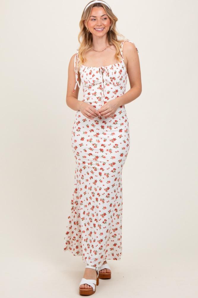 red ribbed floral shoulder tie maxi dress
