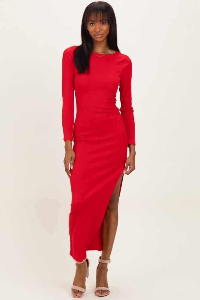 red ribbed long sleeve side slit maxi dress