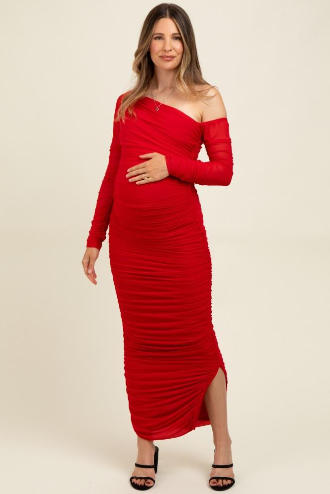red ruched mesh one shoulder long sleeve maternity maxi dress