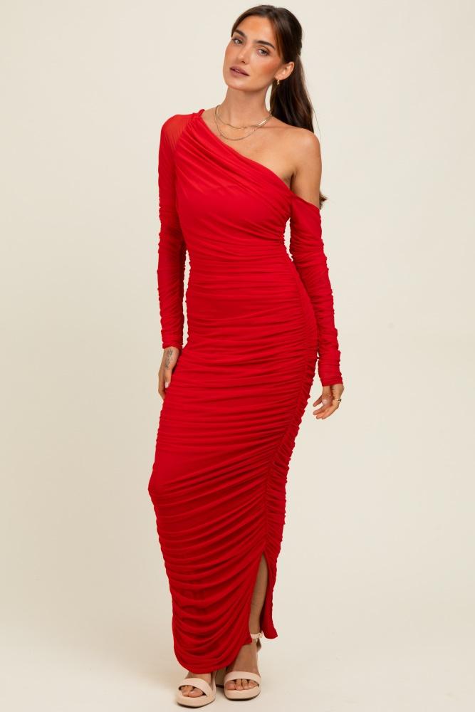 red ruched mesh one shoulder long sleeve maxi dress