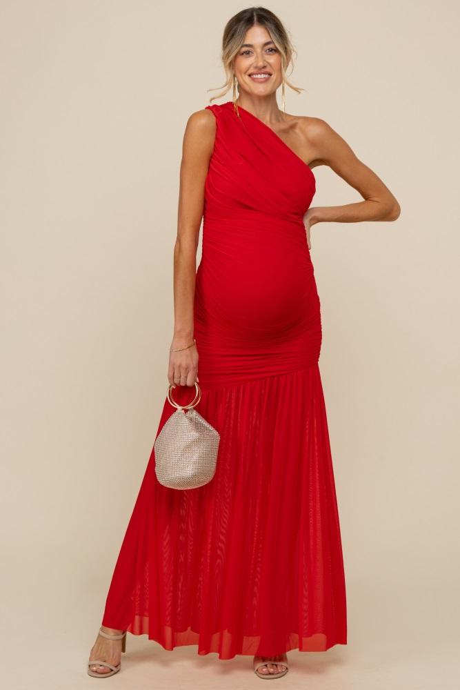 red ruched mesh one shoulder maternity maxi dress