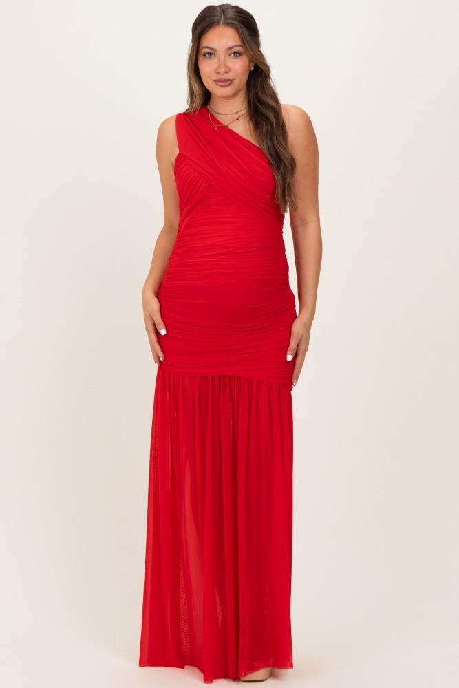red ruched mesh one shoulder maternity maxi dress